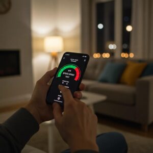 Person measuring internet speed on a smartphone in a cozy living room