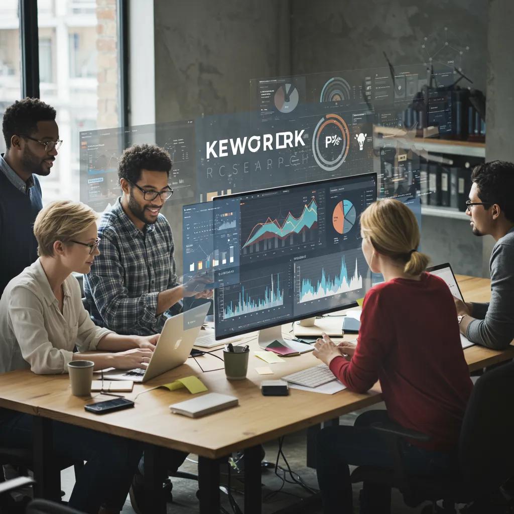 Team collaborating on AI-driven keyword research and analytics in a modern office