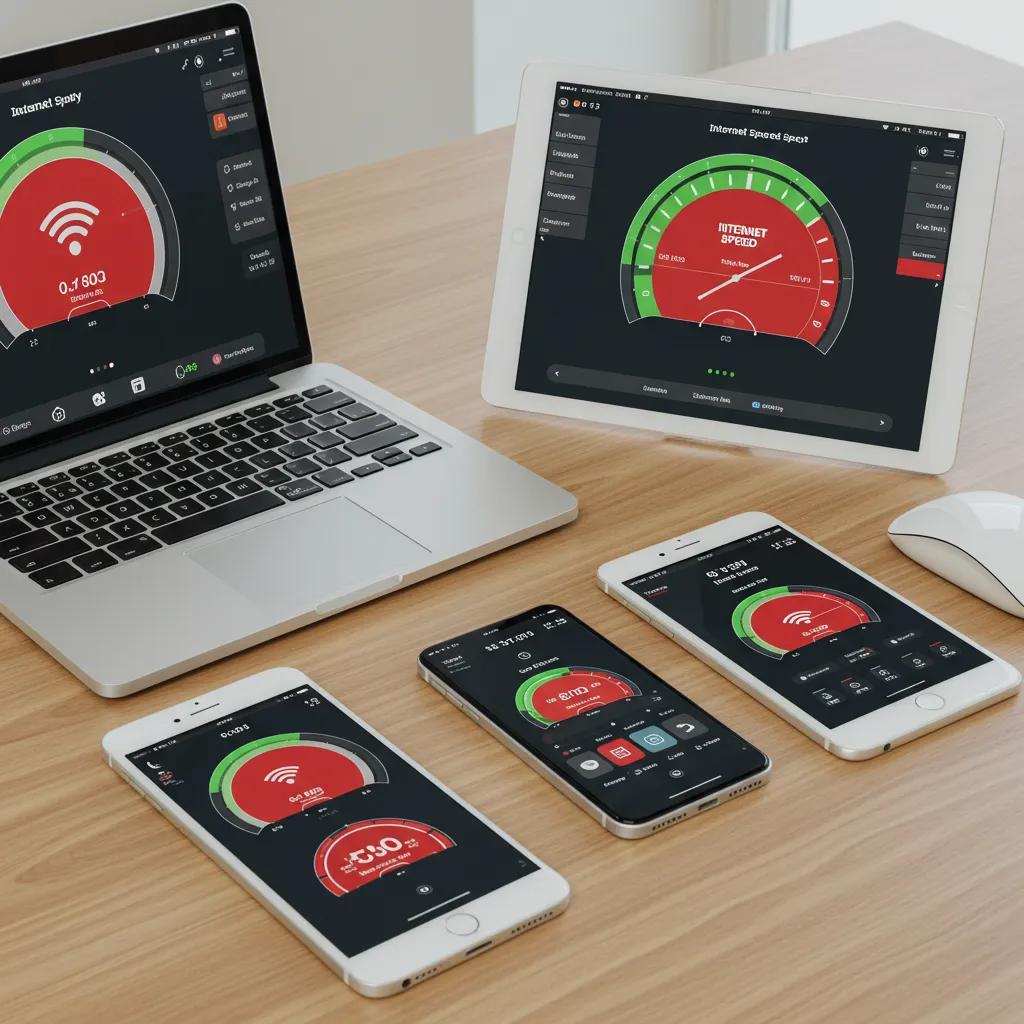 Various internet speed testing tools displayed on a modern desk