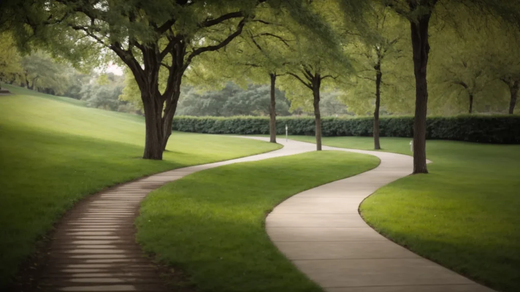 a smooth concrete walkway winds through a green park, guiding pedestrians on their path.