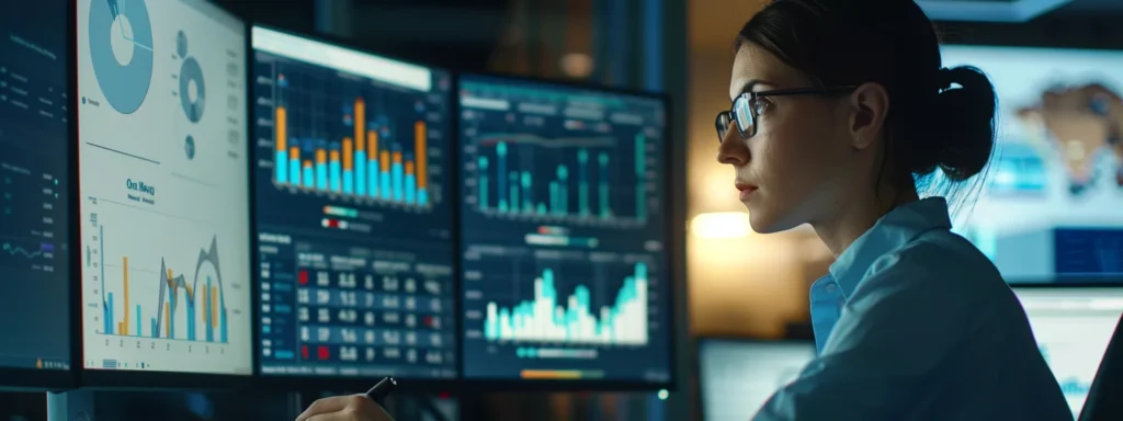 business professionals analyzing performance metrics on a computer screen.