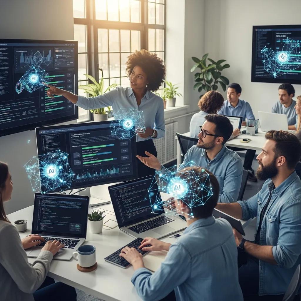 Diverse team collaborating with AI tools in a modern office