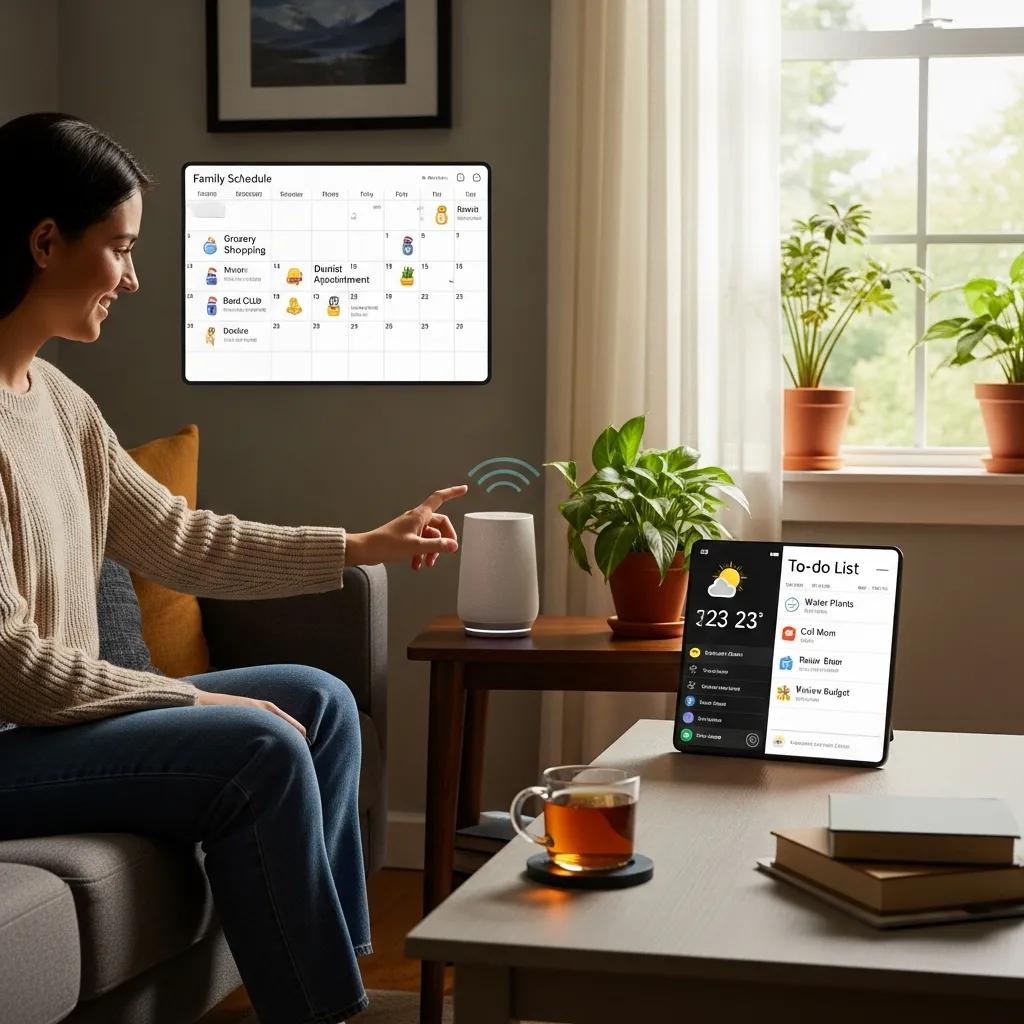 Person using a virtual assistant in a cozy home environment