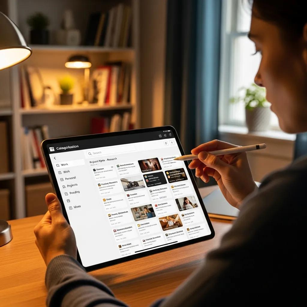 Person using categorization software on a tablet in a cozy home office, demonstrating effective bookmark organization