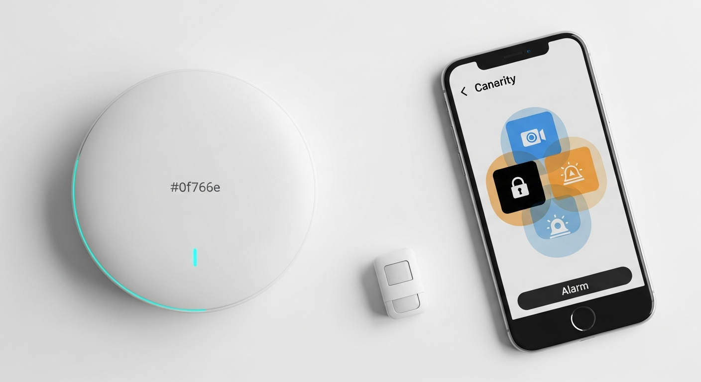 A collage of smart home security components including a camera, motion sensor, and control panel, representing a comprehensive smart home security system.