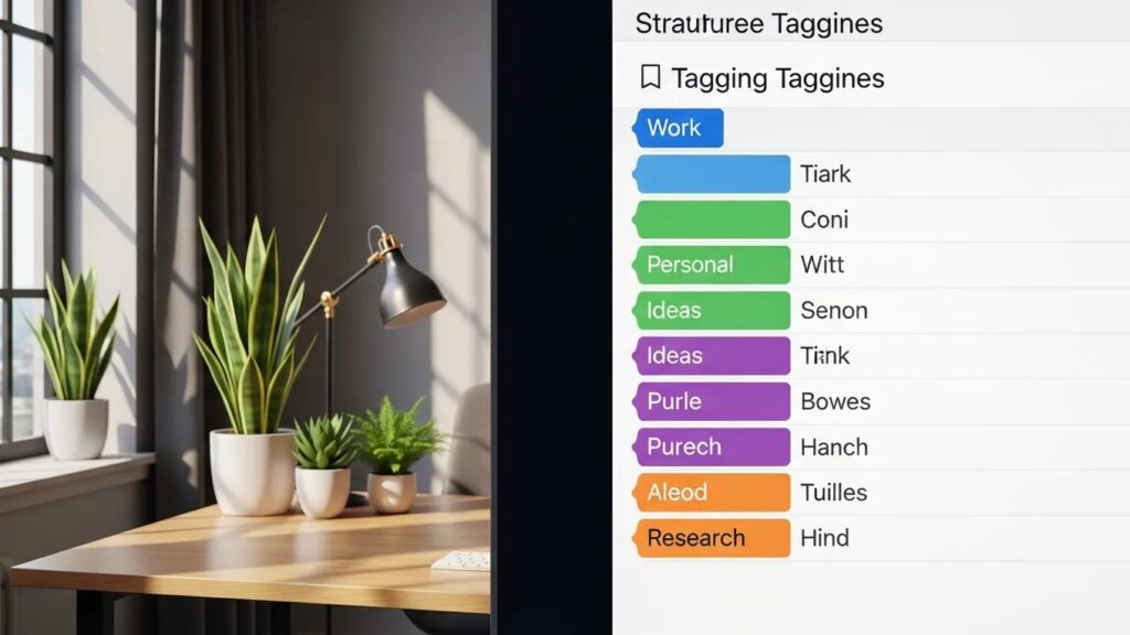 Close-up of a tagging system for bookmarks, illustrating advanced organization and retrieval benefits