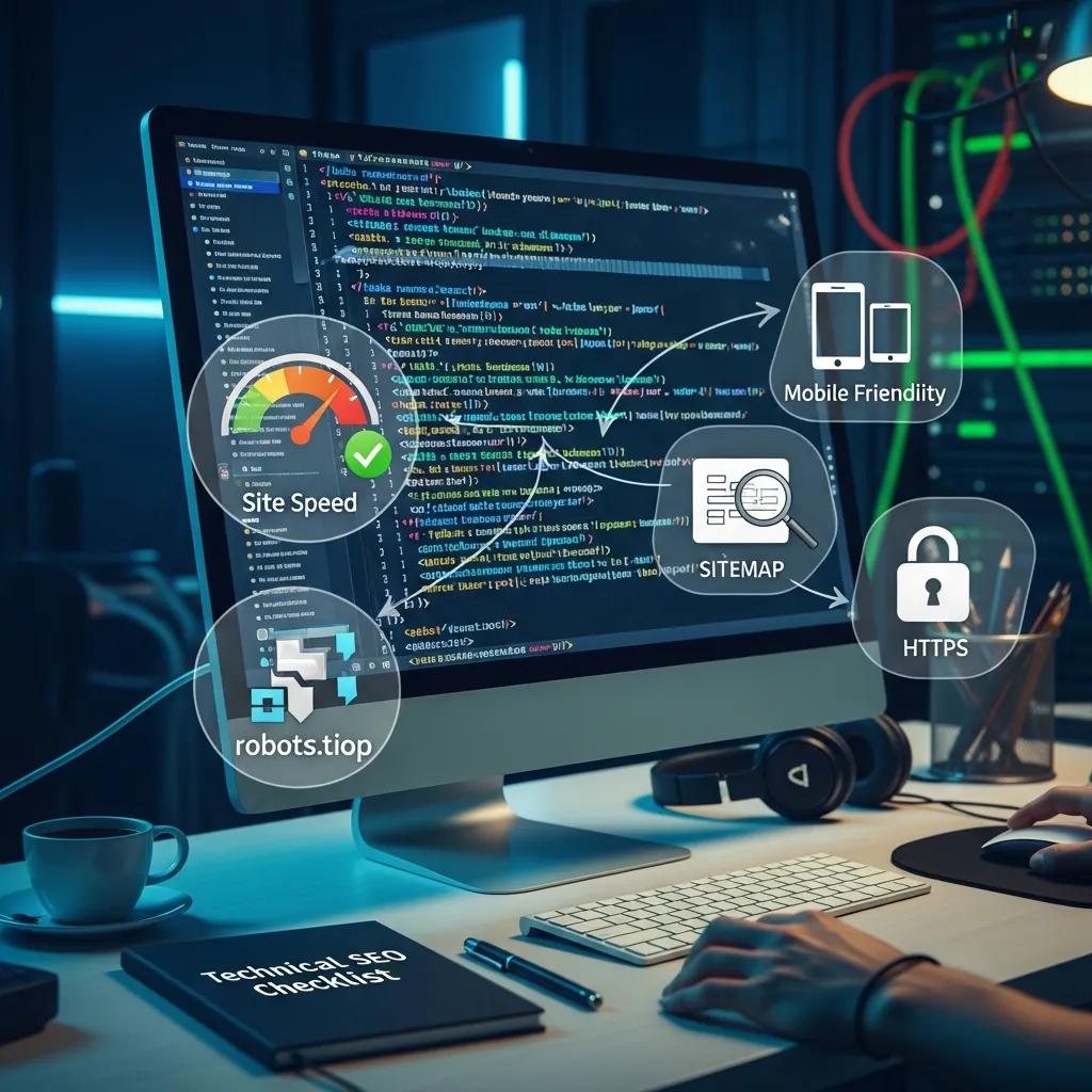 Close-up of website code on screen, highlighting technical SEO components