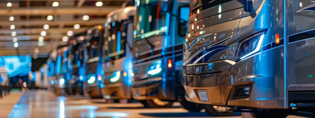 a lineup of luxurious motorhomes with a variety of amenities and features for sale at an rv show in wisconsin.