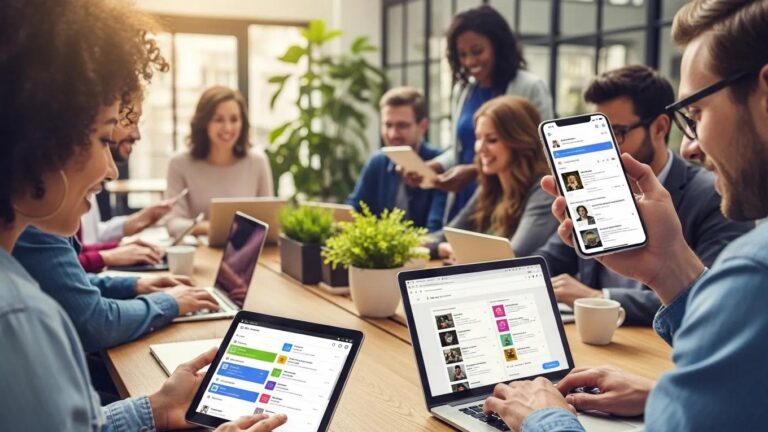 Diverse users managing bookmarks on devices in a modern workspace