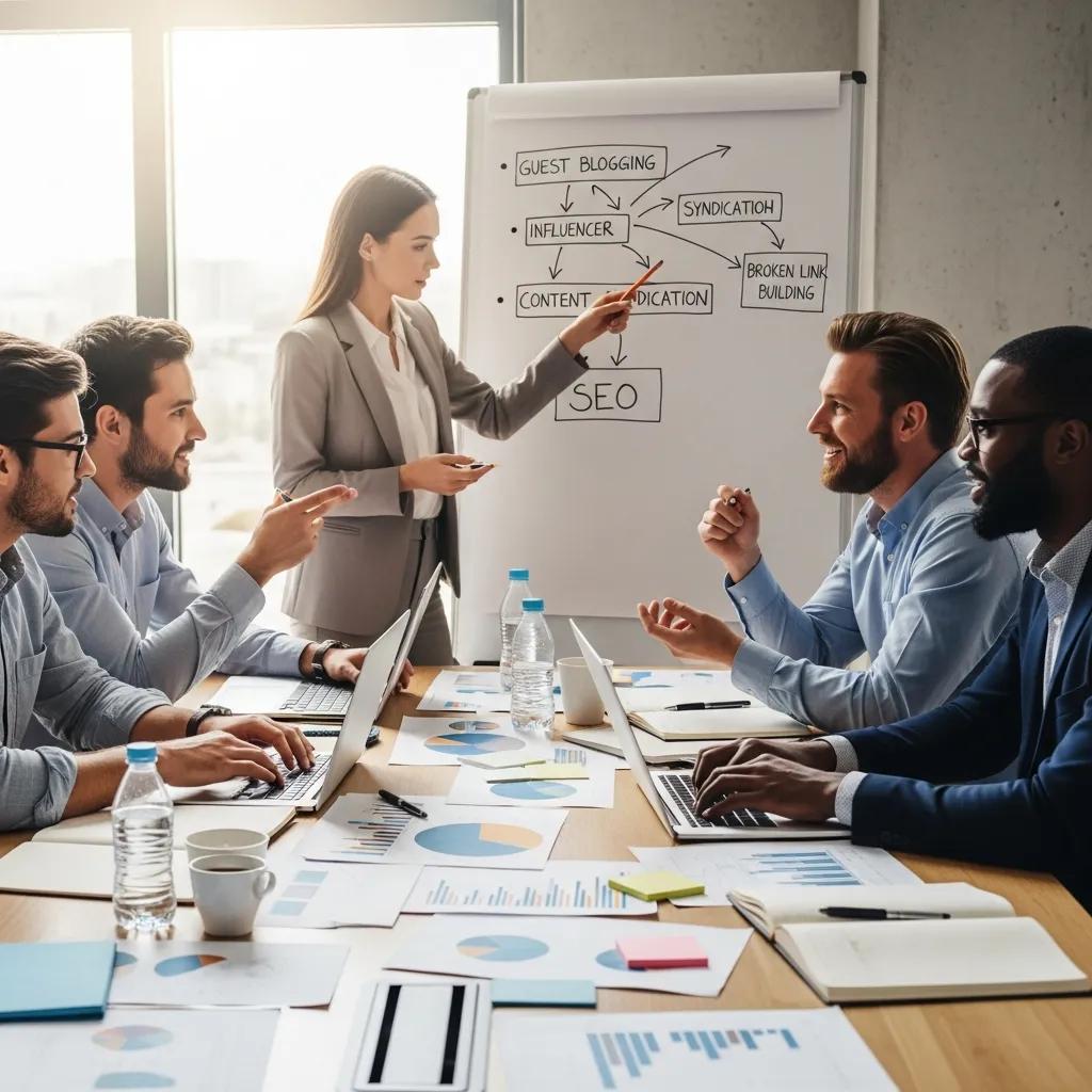Group of professionals collaborating on link building strategies