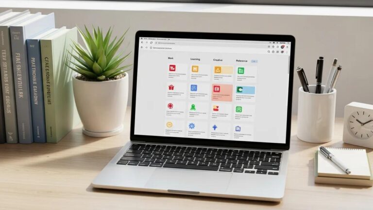 Organized digital workspace showcasing a laptop with bookmarks, emphasizing productivity and clarity