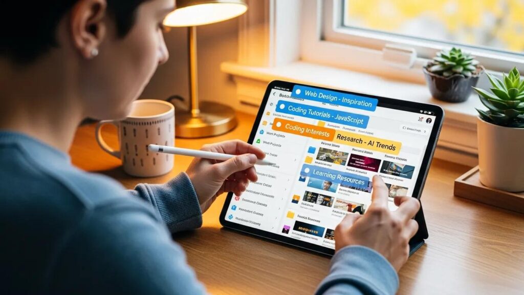 Person organizing bookmarks on a device, highlighting effective folder and tagging strategies