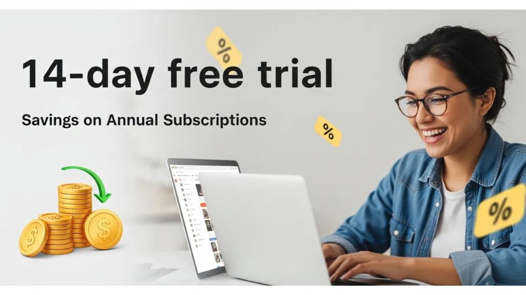 Promotional offer for a social bookmarking service highlighting free trial and discounts