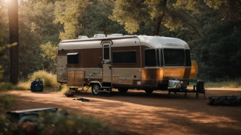 a recreational vehicle parked amidst serene nature at a campsite during sunrise.