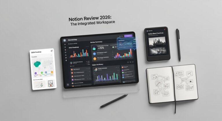 Hero illustration for Notion 2026 review showing app interface with productivity dashboard, notes, and task list