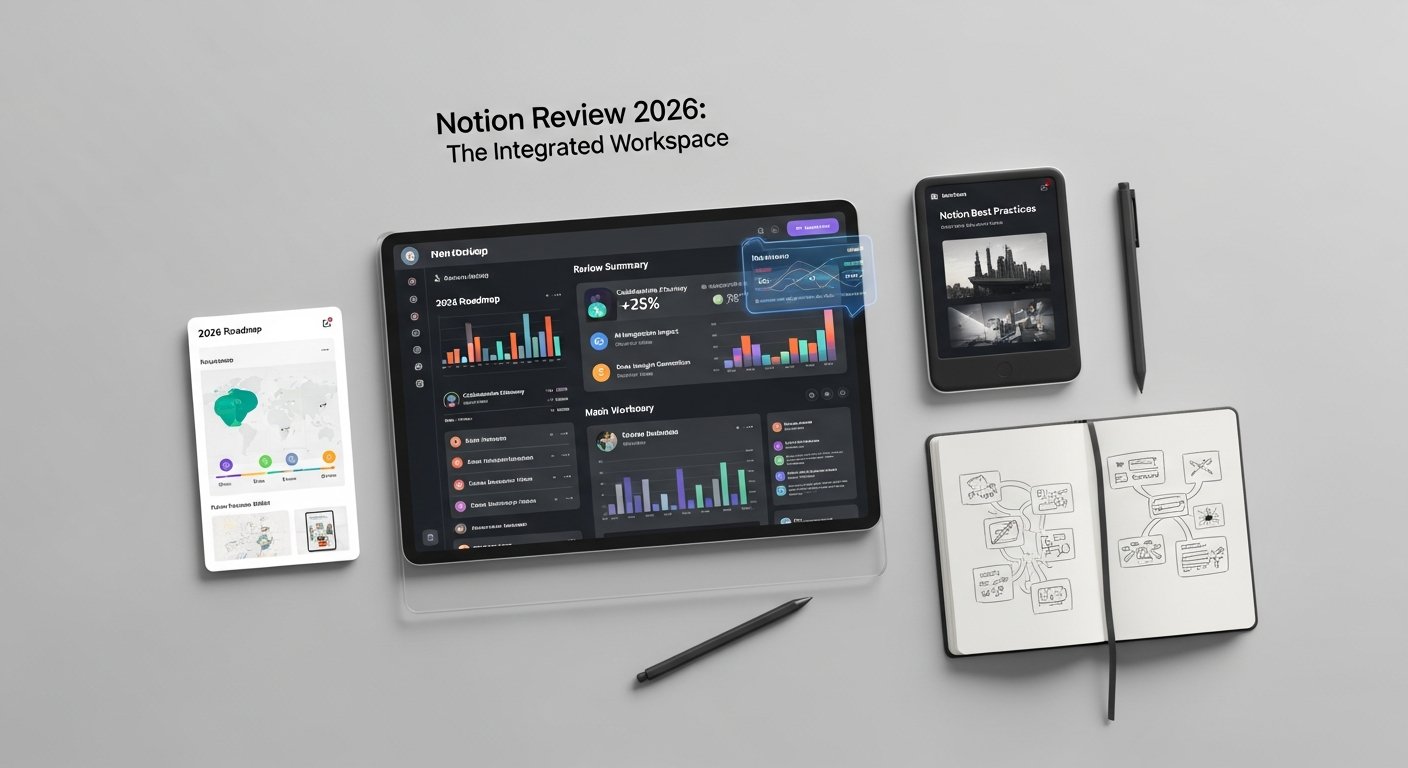 Hero illustration for Notion 2026 review showing app interface with productivity dashboard, notes, and task list