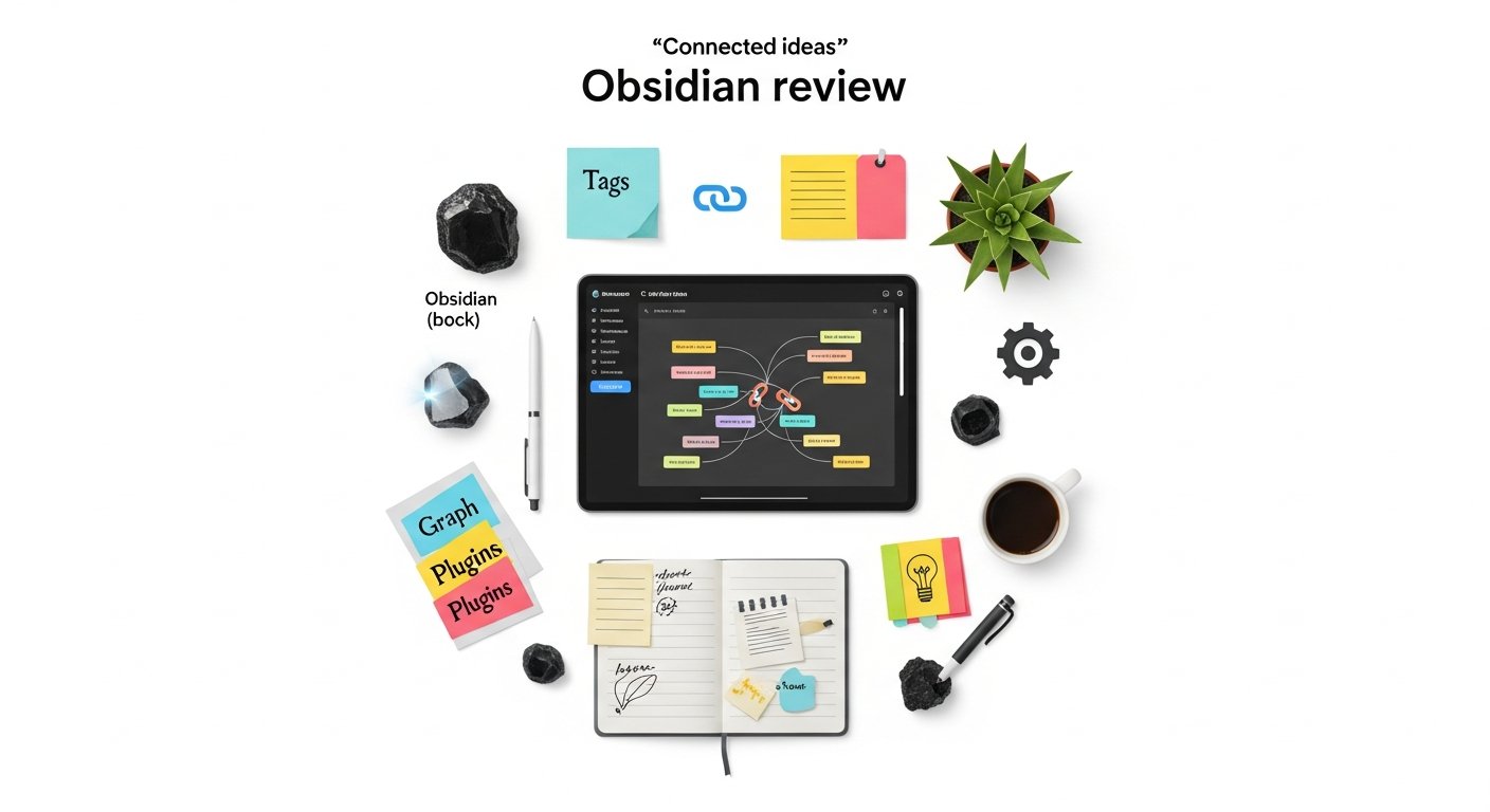 Obsidian review featured image: note-taking app interface with productivity icons and markdown editor