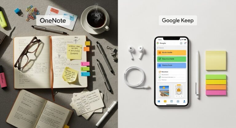 Comparison illustration of Microsoft OneNote vs Google Keep note-taking apps for tech and digital productivity