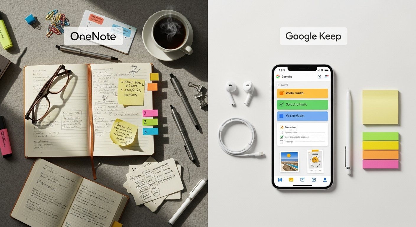 Comparison illustration of Microsoft OneNote vs Google Keep note-taking apps for tech and digital productivity