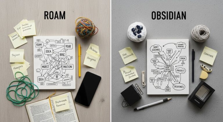 Illustration comparing Roam Research and Obsidian note-taking apps for digital productivity