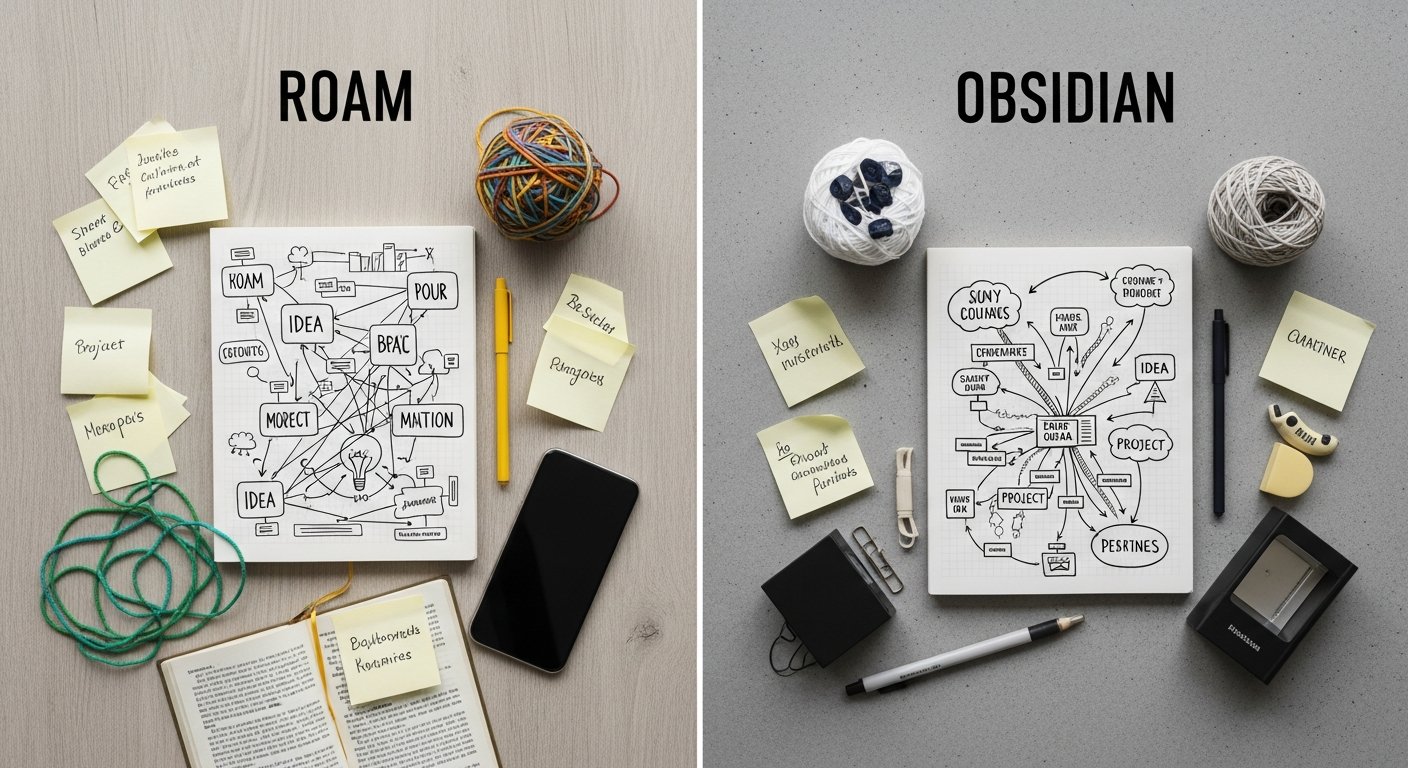 Illustration comparing Roam Research and Obsidian note-taking apps for digital productivity