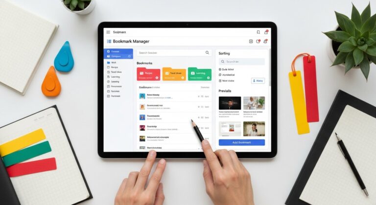 Featured illustration of a bookmark manager interface organizing web bookmarks on a digital productivity dashboard