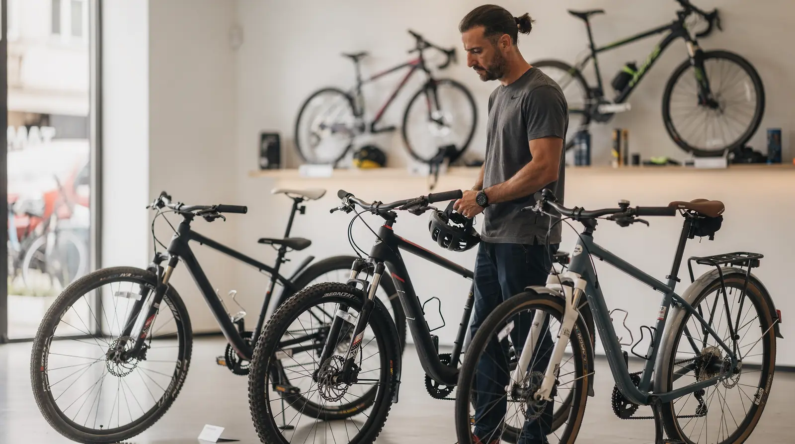 Road bikes use dropped handlebars and skinny tires built for racing or touring.; Mountain bikes
